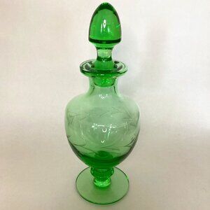 Vintage Green Glass Decanter with Stopper – Etched Floral Design